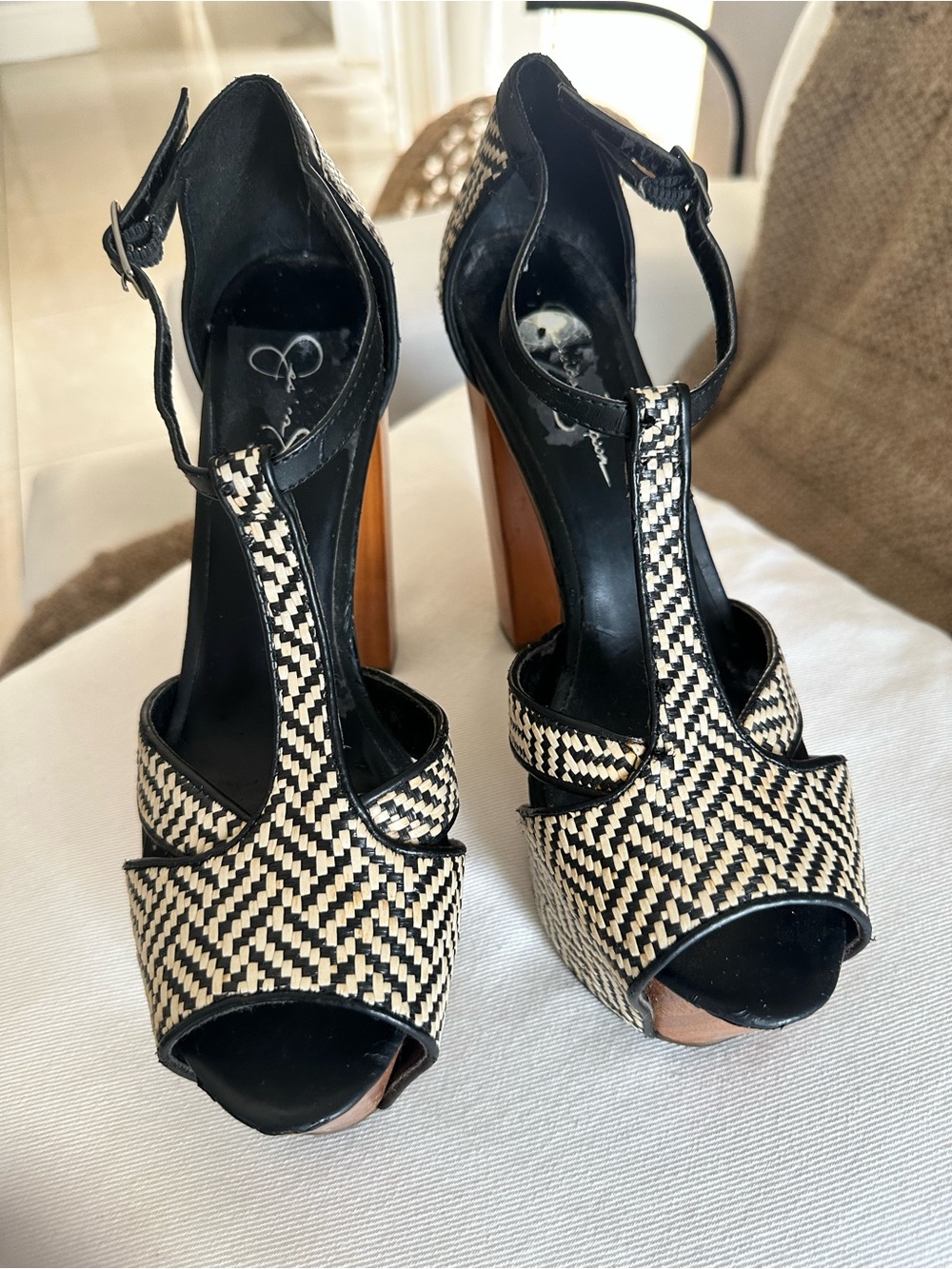 Jessica Simpson Dany Black and Cream Woven Platform Sandals with Wood Block Heel - Picture 2 of 11